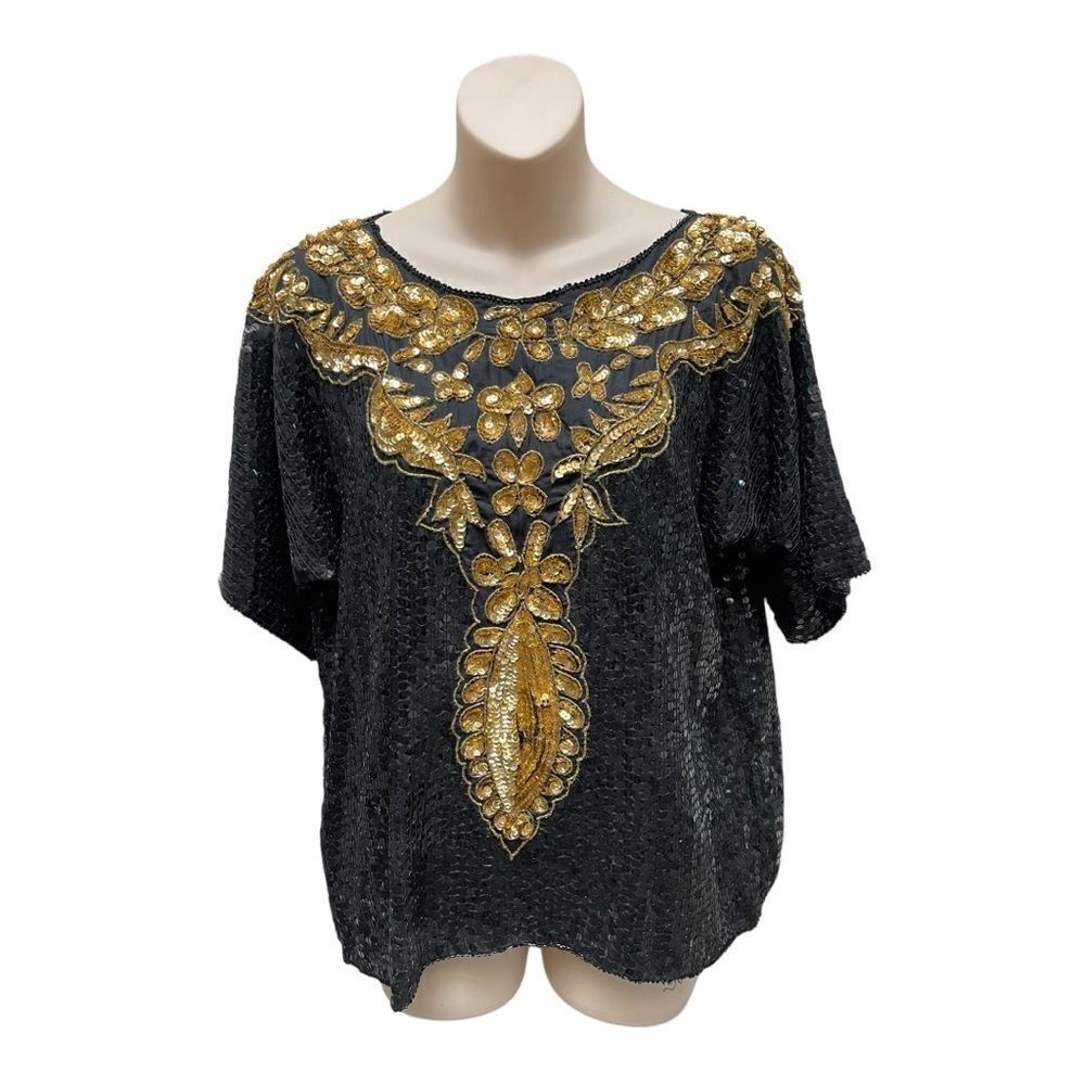 Vintage Sequin Floral Beaded 100% Silk Gold Black Joseph Le Bon Top Sz M 80s
